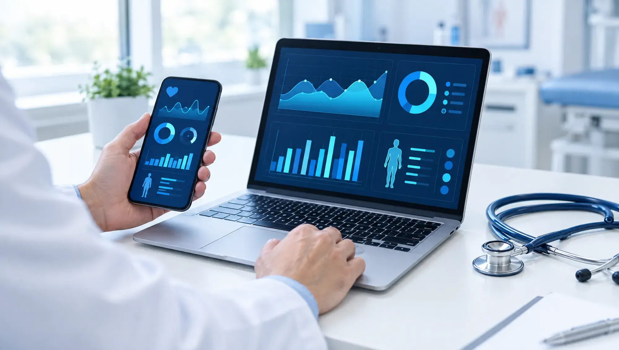 Klinik masasında sağlık analitiği grafiklerini gösteren dizüstü bilgisayar ve telefon
