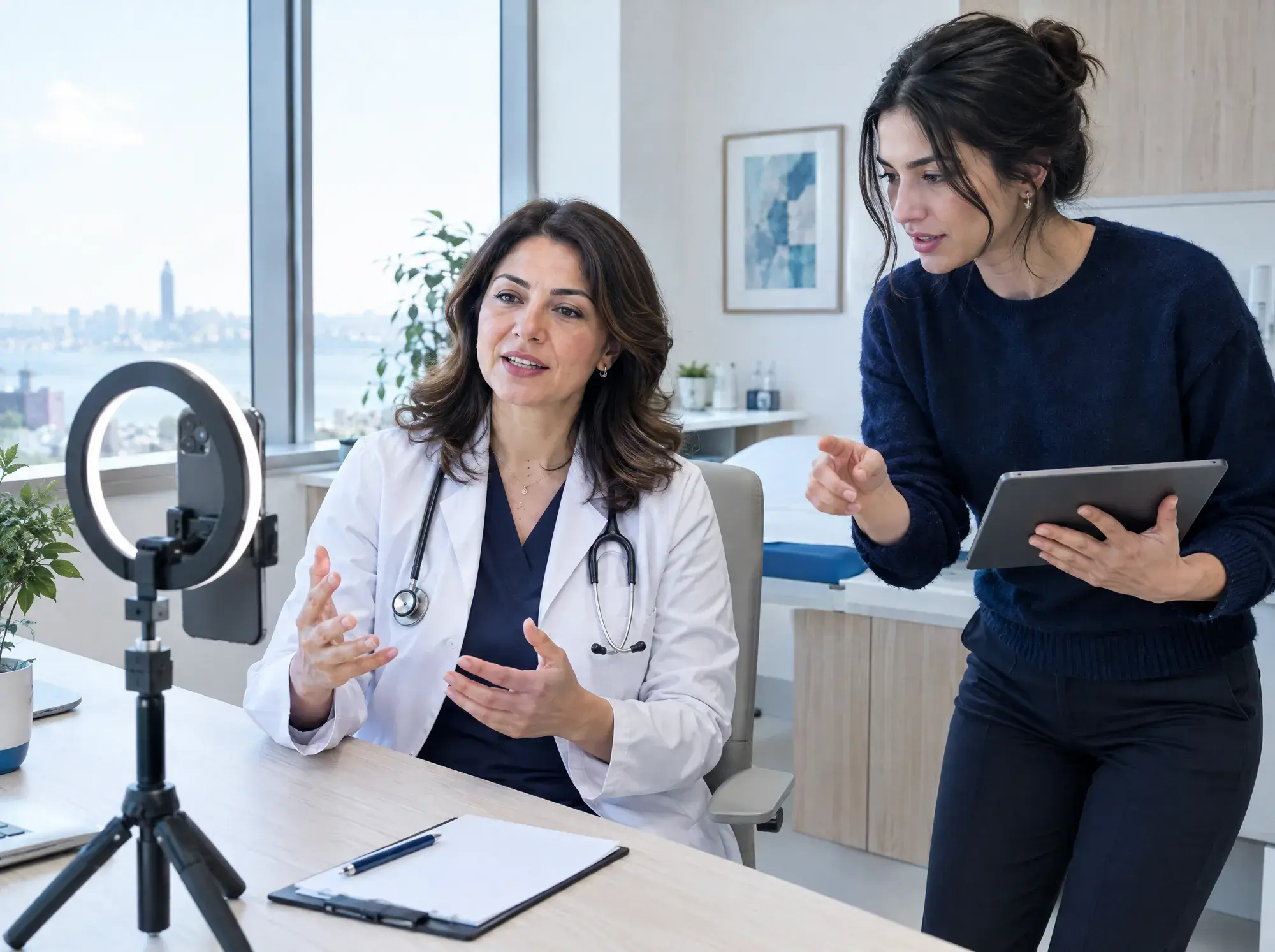 Hekimin telefon ve halka ışıkla bilgilendirme videosu çektiği klinik odası
