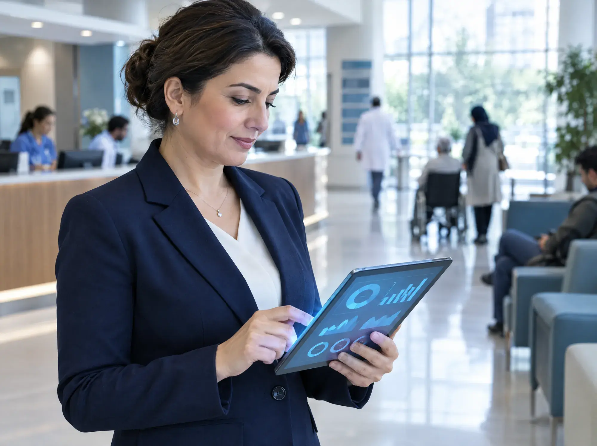 Hastane lobisinde tablet üzerinden performans panosunu inceleyen genel müdür
